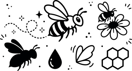 Fototapeta premium Black and white minimalist vector art of bees flying near flower honeycomb and water droplet simple line art style with dotted flight paths and abstract design elements