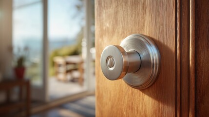 Obraz premium Close-up view of a modern deadbolt lock on a wooden front door in a clean residential environment with natural daylight