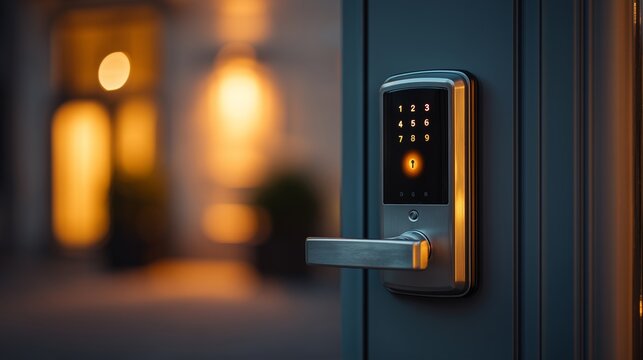 Smart door lock with illuminated keypad on modern apartment entrance in evening light showcasing secure home technology