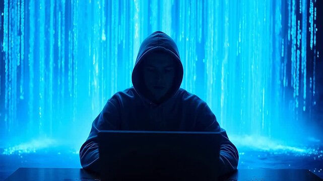 Person in hoodie using laptop with blue matrix background