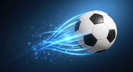 Fototapeta premium A soccer ball flying through the air with a trail of blue light behind it.