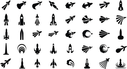 Collection of modern black rocket ship icons in various styles © Mofajjol