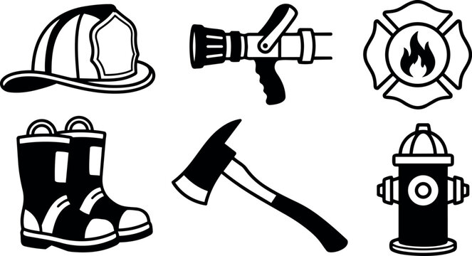 Black and white vector icons firefighter helmet fire hose nozzle fire emblem boots axe and hydrant simple design