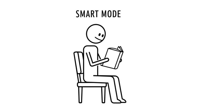 Stick Figure Sitting on a Chair Reading a Book in "Smart Mode" on an Isolated White Background.