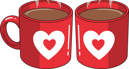 Red coffee mugs with heart symbol filled with hot drink, romantic couple cups for love, Valentine celebration and cozy coffee break illustration