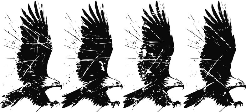 black eagle silhouette with grunge texture, wings spread in dynamic flying poses, majestic bird of prey design