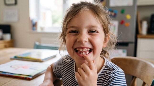 Happy little girl smiling showing missing front teeth