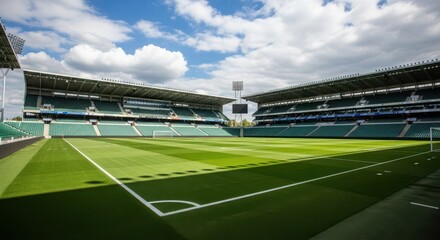 Fototapeta premium A well-maintained soccer stadium with lush green grass and empty stands on a sunny day.