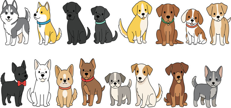 Cute Dog Illustration Set Featuring Huskies, Corgis, Beagles, and Other Breeds