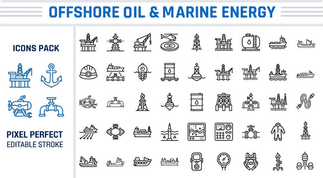 Offshore Oil and Marine Energy Outline Vector Icon Set &mdash; Oil Platform, Sea Engineering and Ocean Energy Production Icons