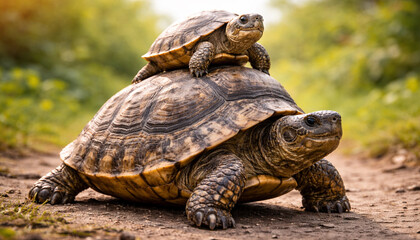 Obraz premium Adorable tortoise carrying a baby tortoise on its shell in a natural outdoor setting. Symbol of parenting, protection, family bond, wildlife behavior and cute animal moment in nature.