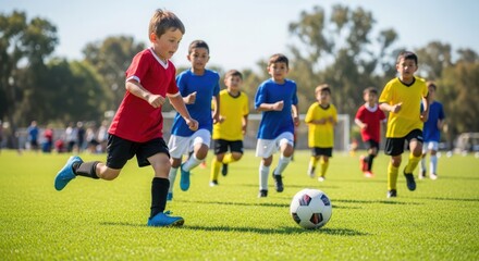 Obraz premium Young soccer players competing in a lively game on a green field.