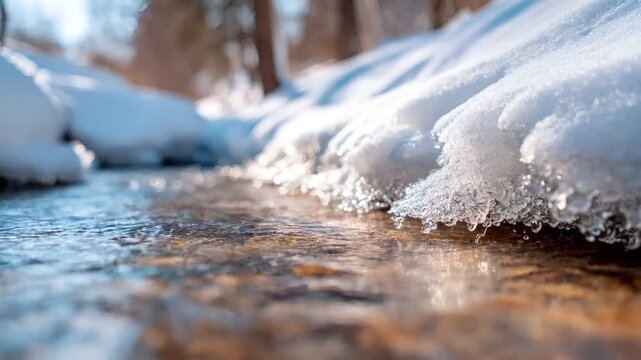 Spring snow ice thaw, end of Winter Season, hope, fresh start. A closeup of a frozen stream in winter, with snowcovered trees and a blurred background. The water reflects the snow.
