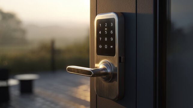 Smart home security lock on modern door with touchscreen keypad at evening light