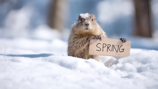 Spring snow ice thaw, end of Winter Season, hope, fresh start. A ground squirrel holding a wooden sign that reads SPRING against a backdrop of a snowy landscape.