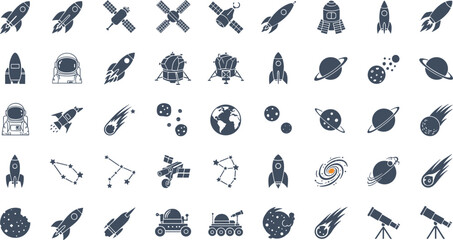 Space exploration with rockets and planets in dark blue icons © Mofajjol
