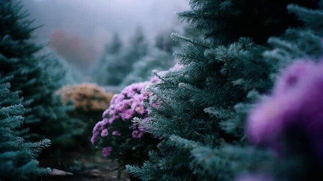 Spring snow ice thaw, end of Winter Season, hope, fresh start. A misty Christmas tree farm with a row of evergreen trees adorned with vibrant purple flowers, set against a blurred background.