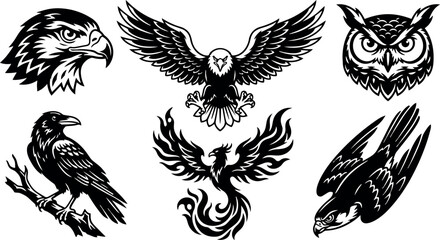 Fototapeta premium Black and white flat design vector set of eagle falcon raven owl phoenix bird tattoos with wings and detailed feathers