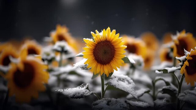 Spring snow ice thaw, end of Winter Season, hope, fresh start. A sunflower with its vibrant yellow petals and dark brown center, surrounded by snowcovered plants, set against a blurred background.