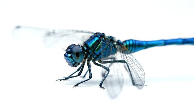 A close-up photo of a blue dragonfly with transparent wings on a white surface