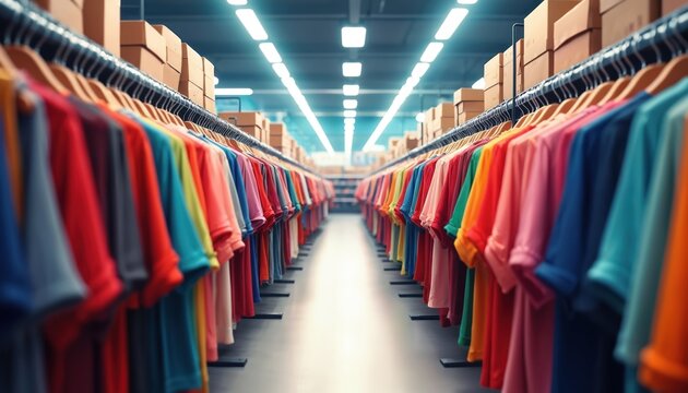 Rows of colorful tshirts on hangers in retail store. Merchandise stacked high on shelves in warehouse. Big sale event advertising new arrivals for customers.