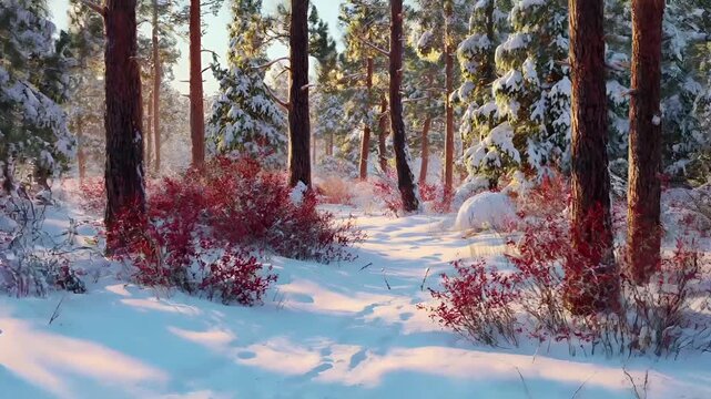 Spring snow ice thaw, end of Winter Season, hope, fresh start. A digital painting of a snowy forest with snowcovered trees and plants, illuminated by a soft light. The snow is pristine white.
