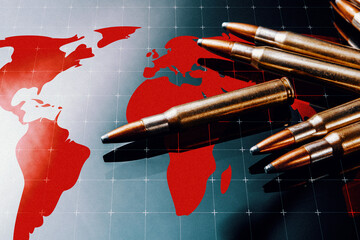 Obraz premium Conflict between Iran and USA illustrated through bullets on a world map
