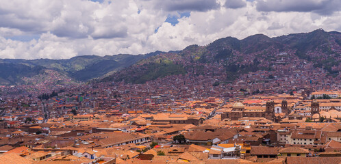 Aerial panoramic view of the historic Peruvian city of Cusco