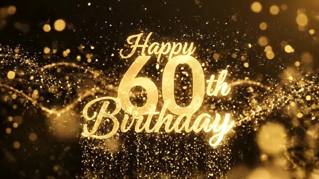 Golden Happy 60th Birthday text with sparkling particles and bokeh.