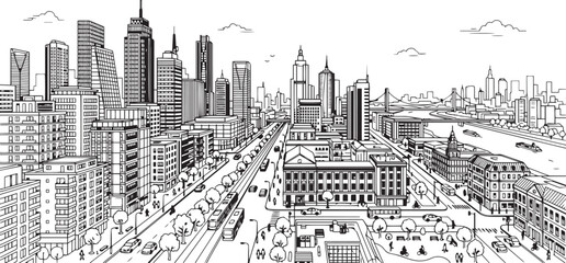 Fototapeta premium City landscape. Line urban backdrop. Skyline with clouds, different buildings on street, doodle street draw, outline cityscape hand sketch, flat houses. Hand drawn vector illustration