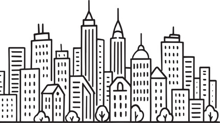 Obraz premium City landscape. Line urban backdrop. Skyline with clouds, different buildings on street, doodle street draw, outline cityscape hand sketch, flat houses. Hand drawn vector illustration