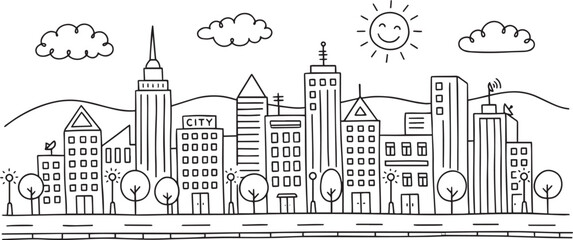 City landscape. Line urban backdrop. Skyline with clouds, different buildings on street, doodle street draw, outline cityscape hand sketch, flat houses. Hand drawn vector illustration © Михаил Н