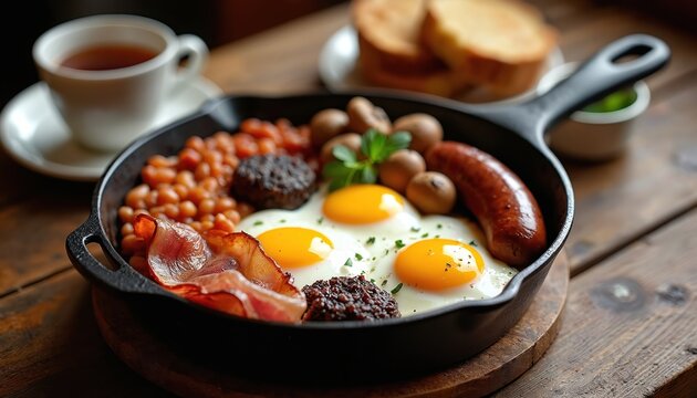 Full Irish breakfast in skillet with bacon eggs beans mushrooms sausage and toast. Traditional Scottish meal with black pudding. Hot tea cup nearby.