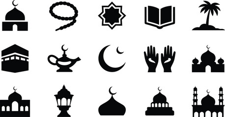 Obraz premium Islamic religion symbols and mosque architecture icons in black silhouettes on white background