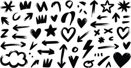 Collection of black brush stroke icons and symbols on white background