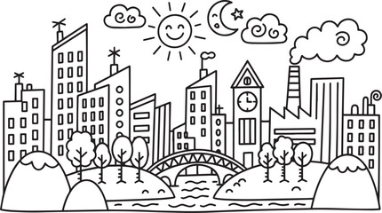 Naklejka premium City landscape. Line urban backdrop. Skyline with clouds, different buildings on street, doodle street draw, outline cityscape hand sketch, flat houses. Hand drawn vector illustration