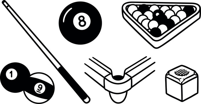 Black and white line art billiard cue stick with eight ball triangle rack and cue chalk set for pool game equipment