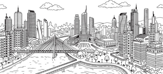 City landscape. Line urban backdrop. Skyline with clouds, different buildings on street, doodle street draw, outline cityscape hand sketch, flat houses. Hand drawn vector illustration