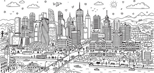 Obraz premium City landscape. Line urban backdrop. Skyline with clouds, different buildings on street, doodle street draw, outline cityscape hand sketch, flat houses. Hand drawn vector illustration