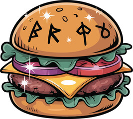 Cartoon hamburger with cheese lettuce tomato and runes on bun is a tasty meal