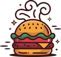 Colorful cartoon hamburger with steam rising and sparkles around it on white background