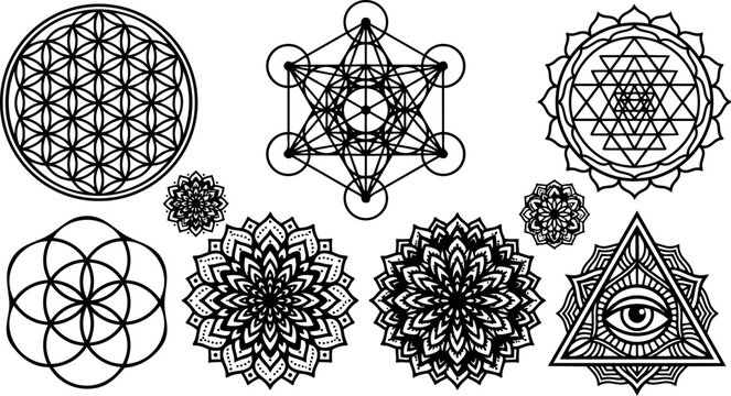 Black and white sacred geometry mandala set with flower of life and all seeing eye symbols vector art spiritual geometric patterns