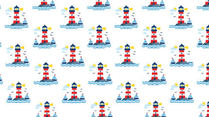 Fototapeta premium Seamless nautical lighthouse and sailboat repeating pattern illustration.