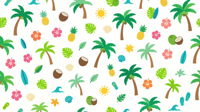 Seamless tropical summer pattern with palm trees coconuts and colorful icons.