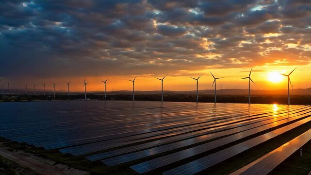 solar panels and wind turbines at sunset