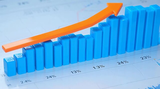Blue bar chart with orange growth arrow