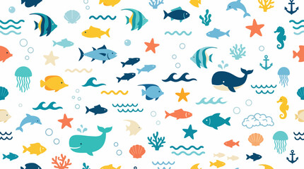 Seamless colorful marine life pattern with playful sea creatures. © pixel*