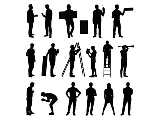 Set of black silhouettes featuring people in various poses, working, climbing ladders and using digital devices © KEYARANI