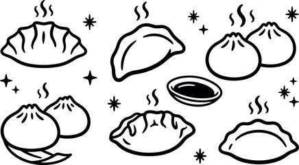 Obraz premium Black and white line art steaming dumplings with soy sauce dish and decorative stars vector design