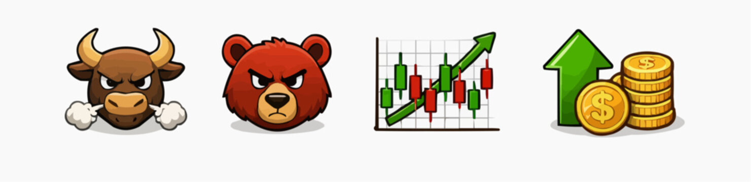Bull and bear market icon set with chart and rising money in playful cartoon style for trading education investment analysis finance branding profit growth and isolated sticker collection
